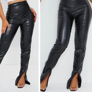 PrettyLittleThing Black Faux Leather Seam Detail Split Hem Pants Size 14 New